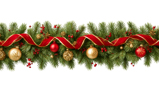 Festive pine garland border with red ribbons and gold ornaments isolated on white background