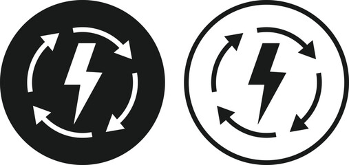 Lightning Bolt icon with Circle Arrow Icon Set. Digital Power Loop and Electric Renewal symbols. Fast Reload and Quick Charge sign