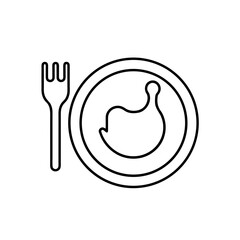 Outline of a chicken leg on a plate with a fork on transparent background silhouette