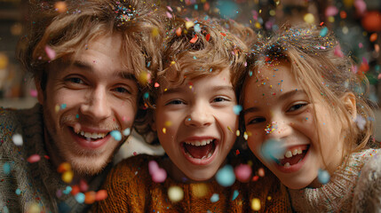 Children and parents celebrating together surrounded by confetti and joy 