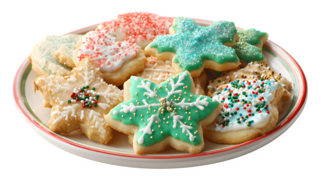 Festive plate of Christmas cookies with icing and sprinkles isolated on white background