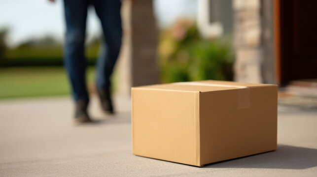 Cardboard box placed on entrance step, with a person approaching in casual attire, symbolizing the convenience of parcel delivery and receiving at home