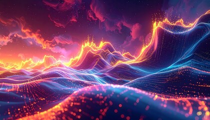 Dreamscape of glowing, undulating waves under a fiery sky, pulsing with vibrant blues, oranges, and pinks