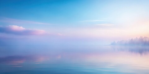 Fototapeta premium Serene Waterscape A Misty Dawn Reflecting on Calm Lake Surface with a Silhouette of Trees on the Horizon