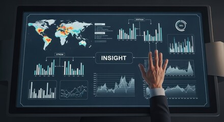 Businessman interacting with futuristic digital dashboard with global data analytics financial charts, for business intelligence, strategic planning, market research for comprehensive