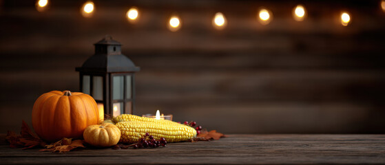Thanksgiving celebration banner featuring pumpkins, corn, and lantern with warm lights, creating a cozy atmosphere and ample copy space for text