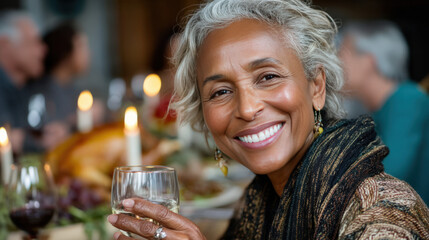 Smiling African American woman holding a glass of drink at a festive table surrounded by family and friends celebrating Thanksgiving and Christmas with joy and warmth