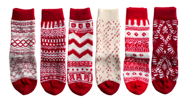 Festive red and white patterned Christmas socks isolated on white background
