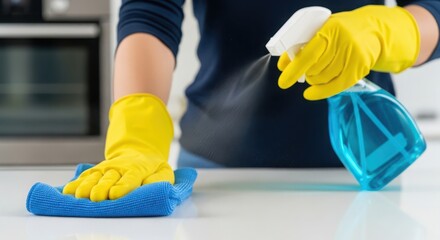 Person wearing yellow gloves cleaning a kitchen counter with a spray bottle and cloth
