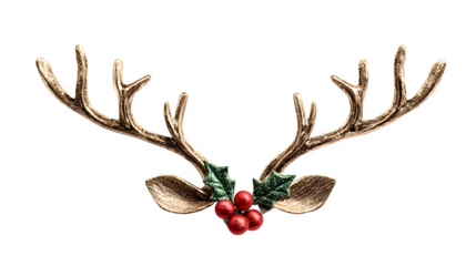 Festive reindeer antlers with shiny red nose and holly detail isolated on white background