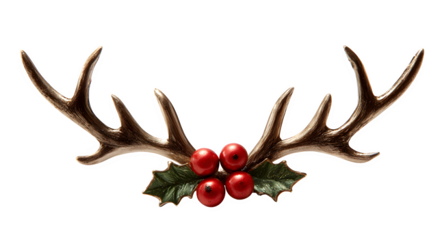 Festive reindeer antlers with shiny red nose and holly detail isolated on white background