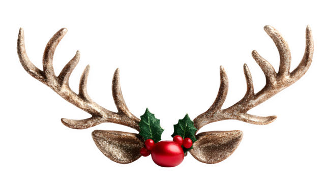 Festive reindeer antlers with shiny red nose and holly detail isolated on white background