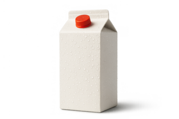 Blank white milk carton with red cap, condensation drops on a fresh drink container, transparent background for branding mockup
