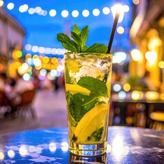 Mojito drink on table, street behind