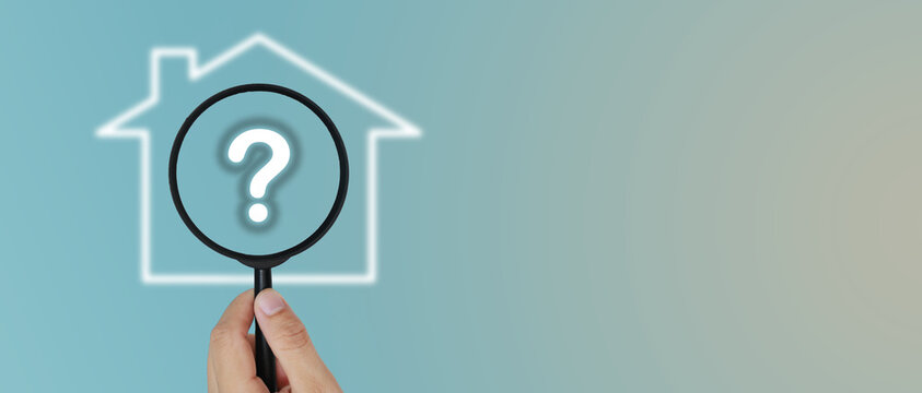 A magnifying glass with a question mark inside a house icon on a blue gradient background represents a home search, real estate inquiry, housing decision, and real estate uncertainty.