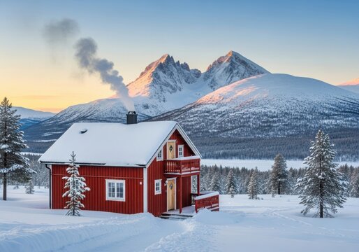 Red cabin nestled in a snowy landscape with mountains and a clear blue sky