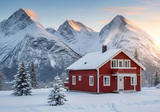A red house covered in snow with mountains in the background on a sunny day