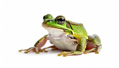 Obraz premium Close Up of a Green Frog with Black Specks and Yellow Trim Sitting on a White Background Studio Shot