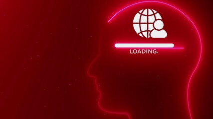 Neon human head silhouette with loading bar and global connection icon on red background abstract brain - Powered by Adobe