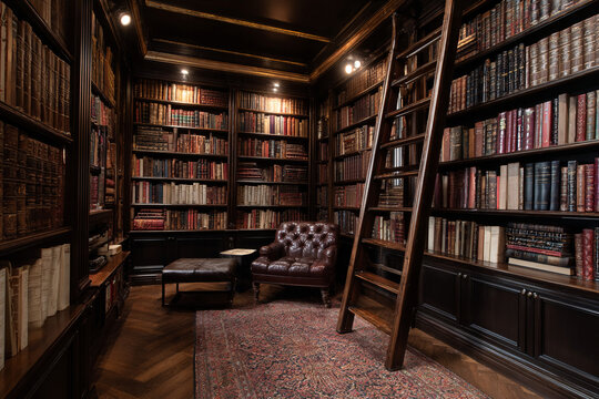 Interior of a Victorian library with tall books. - Powered by Adobe