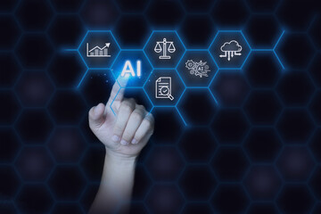 Hand touching virtual AI icon on futuristic hexagon interface with technology, data, and cloud, representing artificial intelligence, digital transformation, automation and smart business solutions.