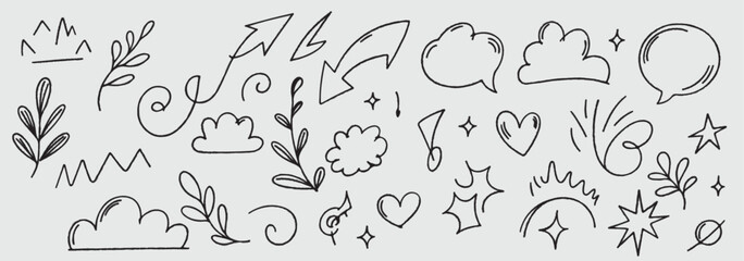 Collection of handdrawn doodle elements including arrows, clouds, leaves, hearts, and stars on a plain background
