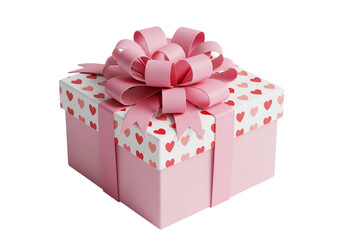 A pink gift box with a large pink bow and heart pattern