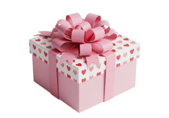 A pink gift box with a large pink bow and heart pattern