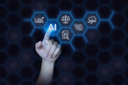 Hand touching virtual AI icon on futuristic hexagon interface with technology, data, and cloud, representing artificial intelligence, digital transformation, automation and smart business solutions.