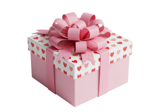 A pink gift box with a large pink bow and heart pattern