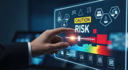 Businessman's finger touching digital screen with risk analysis with caution alert, for financial planning, strategic assessment, business management solutions in modern corporate
