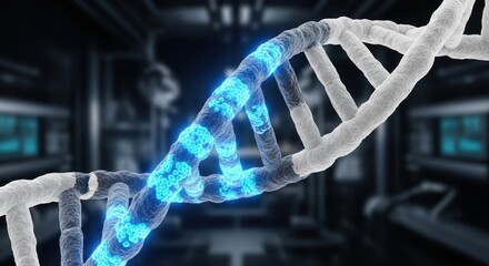 Personalized Medicine: A 3D render of a DNA helix, with one strand glowing or being highlighted