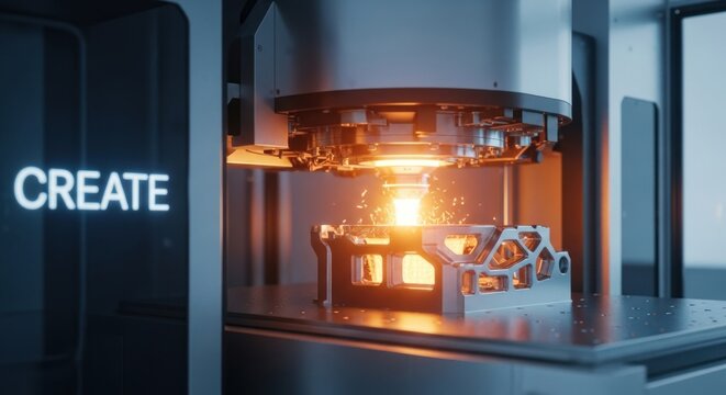 Advanced 3d printing machine creating intricate metal component with glowing sparks, for innovation, manufacturing, technological progress in modern industry