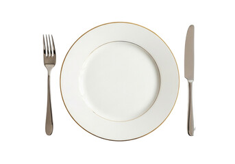 White plate with gold rim, fork, and knife set for dining