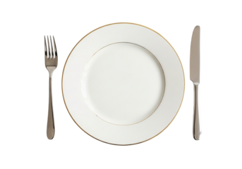 White plate with gold rim, fork, and knife set for dining