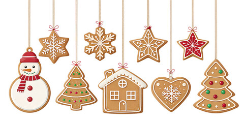 Cute set of hanging gingerbread Christmas cookies in the shape of snowman, bell, snowflake, stocking, star, house, tree, and gingerbread man. Festive holiday decorations on white background. Perfect f