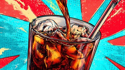 Intricate Retro Beverage Poster Featuring a Refreshing Glass of Cola in a Vivid Comic Pop Art Style