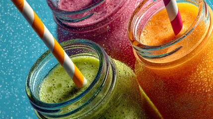 Macro Artistic Display of Colorful Smoothies with Straws: A Detailed and Refreshing Summery Tabletop Composition