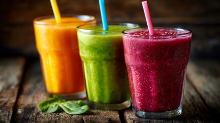 Vibrant Smoothies with Straws on a Rustic Table: A Refreshing Close-Up Visual Feast of Color and Artful Composition