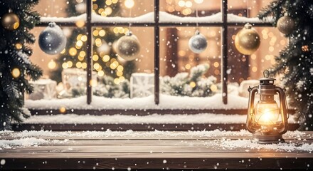 Cozy winter scene with lantern and snowy christmas decorations by the window for seasonal greeting card design