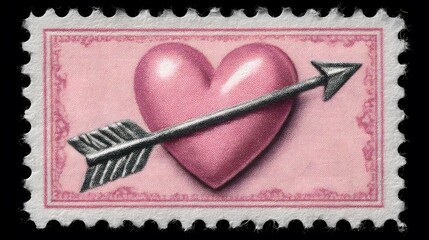 Exquisitely Refined Postage Stamp Art Featuring a Pastel Soft Pink Heart with a Graceful Arrow, Merging Vintage Charm with Modern Simplicity