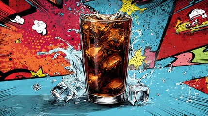 Striking Vintage Pop Art Display of a Refreshing Glass of Cola with Dynamic Ice Splashes in a Comic Style Illustration