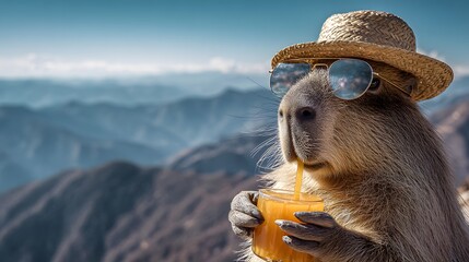 Elegant Capybara in Rugged Mountain Vista Indulges in Tangy Juice with Classy Accessories