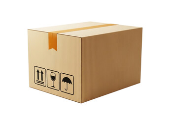 A closed cardboard box with shipping symbols