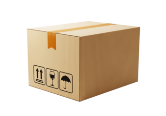 A closed cardboard box with shipping symbols