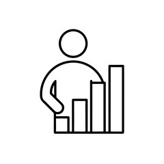Person standing next to a rising bar graph outline on transparent background silhouette