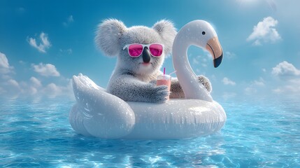 Trendy Koala Enjoying a Vibrant Pool Day on a Bright Swan Floatie with Stylish Sunglasses under Clear Skies