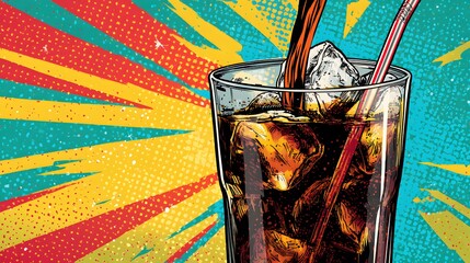 Intricate Retro Beverage Poster Featuring a Refreshing Glass of Cola in a Vivid Comic Pop Art Style