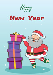 Cheerful Santa Claus with Gift Boxes and Happy New Year Greeting