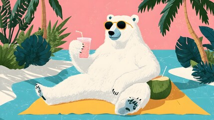 Vibrant and Playful Vector Illustration Showcasing an Adorable Polar Bear Relaxing in a Tropical Paradise with a Coconut Drink and Trendy Sunglasses